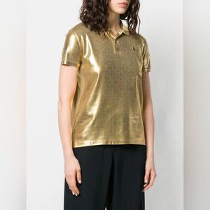 Ralph Lauren Purple Label Collection Metallic Gold Polo Shirt Size L